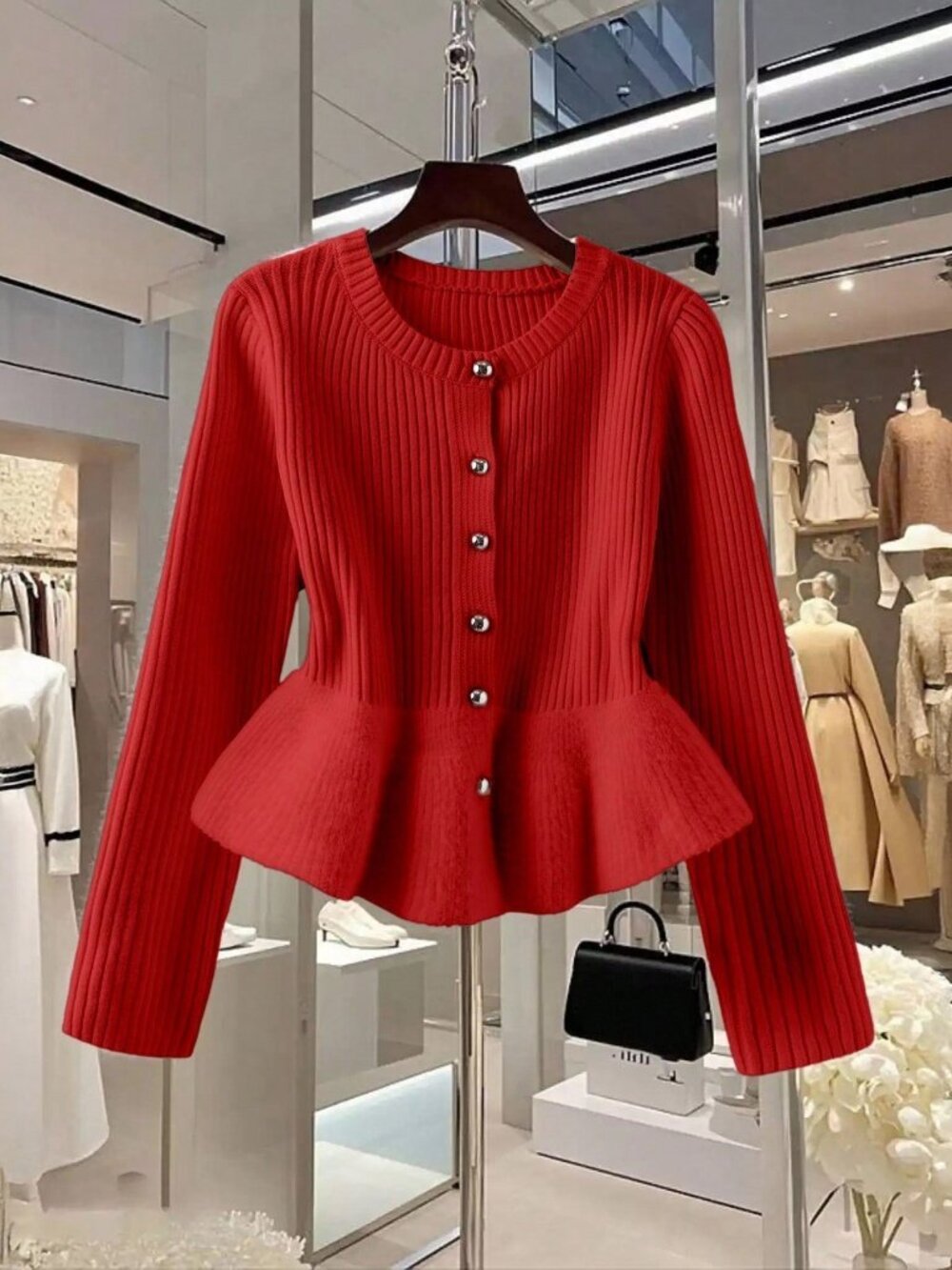 Red Casual Women's Y2k Ruffle Hem Rib-Knit Button Front Peplum Cardigan